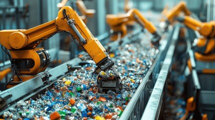 Automated recycling facility with robotic arms sorting recyclables, intersection of technology and sustainability