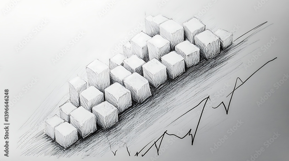 Poster abstract representation of rising market trends with cubes and graphs illustrating growth dynamics