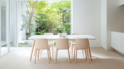 Fototapeta premium Light-filled dining area with a view of lush greenery. Modern minimalist design