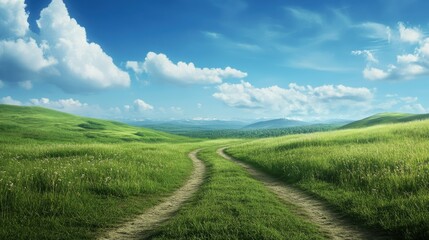 Obraz premium Walking Dirt Path Through Green Grassy Hills Under a Blue Sky