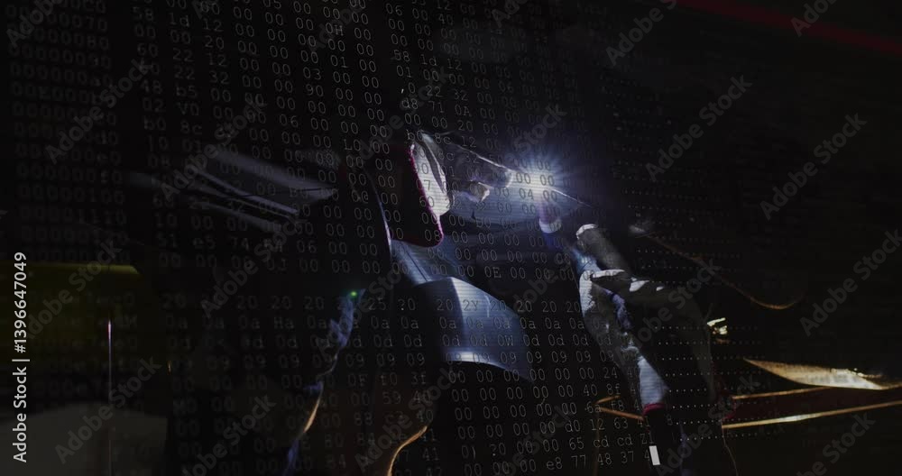 Poster Welding with bright sparks and binary code animation in background