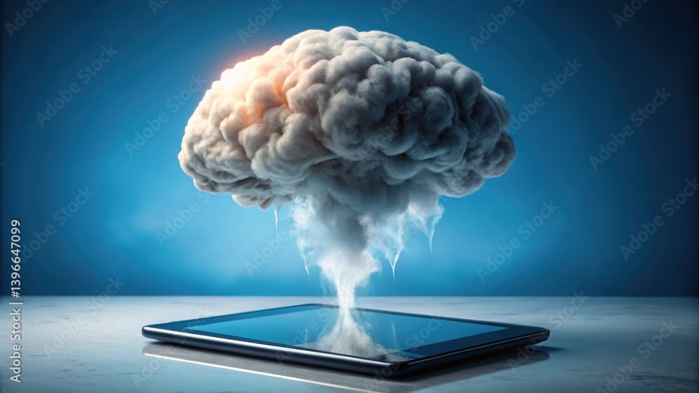 Poster digital cloud with brain structure emanating from device surface