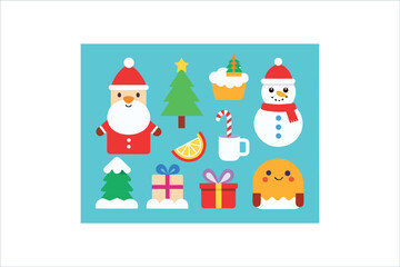 Christmas snowman card with cute cartoon icons set for winter holiday celebration