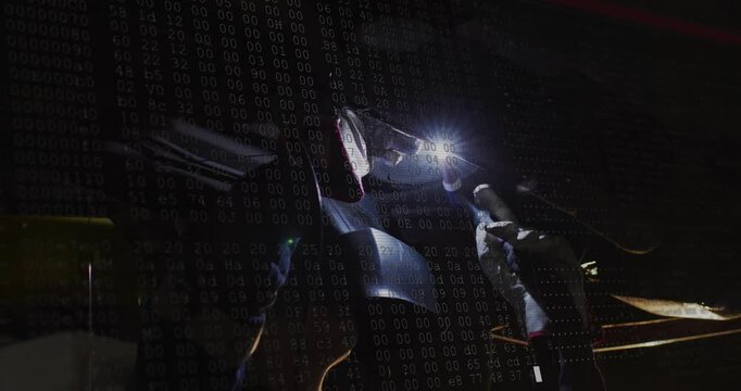 Welding with bright sparks and binary code animation in background
