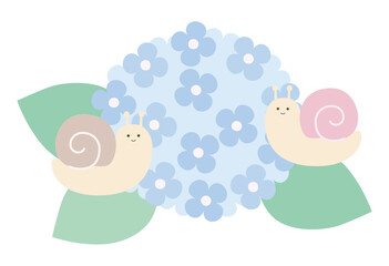 アジサイとかわいいカタツムリのベクターイラスト。梅雨