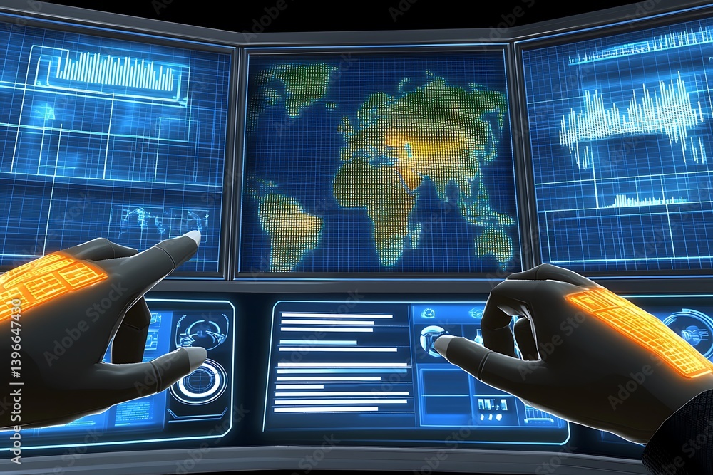 Poster hands interacting with technology on a futuristic display interface