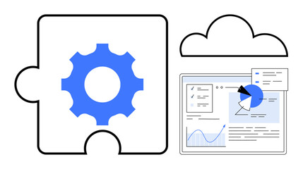 Gear puzzle piece, cloud icon, and analytics dashboard emphasize digital solutions. Ideal for technology, data management, process automation, cloud computing, workflow, innovation simple landing