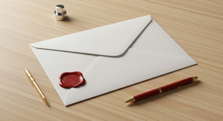 White Envelope with Red Seal, Pen, and Stamp