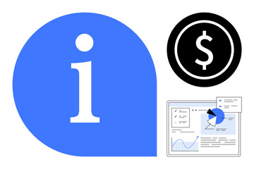 Large blue information indicator, black circular dollar icon, and a minimal data analysis dashboard with charts and stats. Ideal for finance, analytics, knowledge, consulting, education, business or