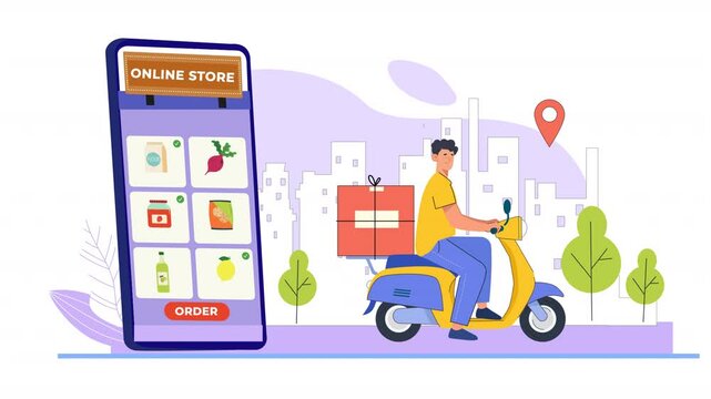 Flat 2D Vector Online Store Delivery Boy On Bike Animation Scene looped