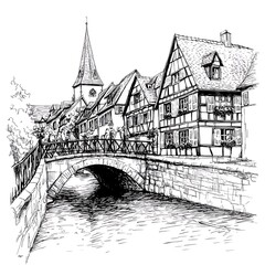 Naklejka premium Black and white sketch of charming European town with canal, bridge, and half-timbered houses.