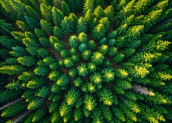 Fototapeta premium Aerial View of Lush Pine Forest with Dense Green Coniferous Trees