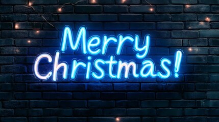 Bright Neon Merry Christmas Sign on Black Wall with Lights