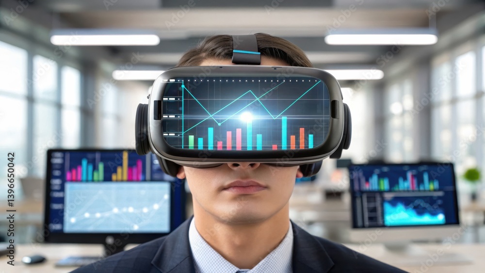Aufkleber a man wearing a vr headset analyzes data displayed in virtual charts, surrounded by screens in a mod