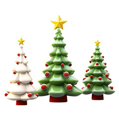 Fototapeta premium Festive Trio Three Decorated Christmas Trees Stand Tall, Adorned with Red Ornaments and Golden Stars, Against a Black Background