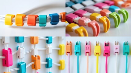 Colorful cable organizers and clips.
