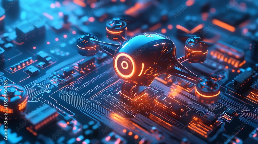 Poster a futuristic drone hovering above a glowing circuit board, showcasing advanced technology in a neon-