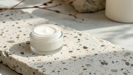 A jar of cream on textured stone surface in natural light.