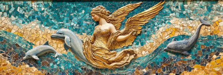 Obraz premium Painting of winged figure with dolphins and swan in blue and gold tones.