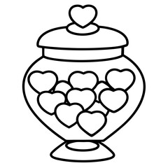 Candy jar with heart-shaped candies line art vector