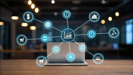 Obraz premium A modern laptop displays interconnected icons representing data analysis, finance, and online services in a sleek office environment.