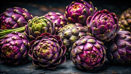 Obraz premium Dark backdrop accentuates the fresh purple artichoke's form, its placement adhering to the rule of thirds.