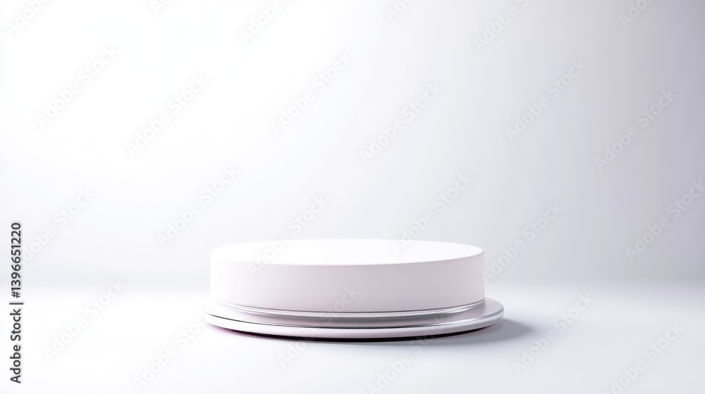Poster white cylindrical platform minimalist display studio lighting top-down view clean lines product pres