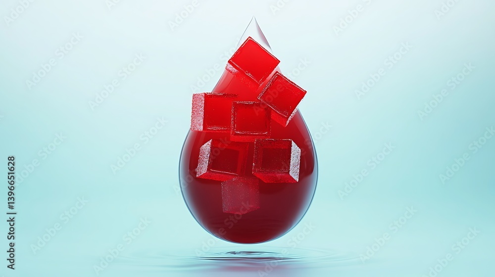 Poster a vivid drop of red liquid with ice cubes, set against a soft blue background, creating a refreshing