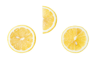 Top view set of fresh ripe yellow lemon fruits in two halves and one slice or quarter isolated with...