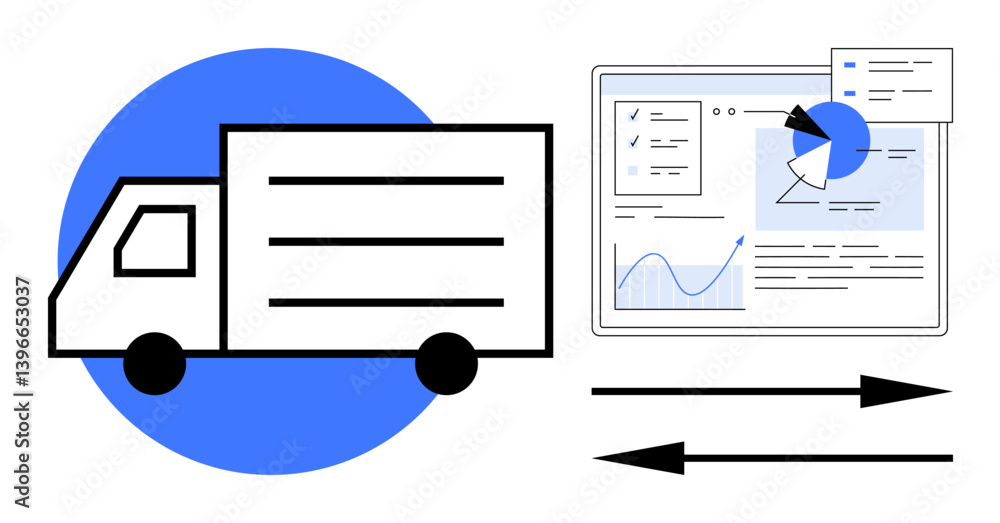Poster truck symbolizing shipping next to analytics dashboard with charts and data exchange arrows. ideal f