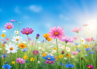 Fototapeta premium Vibrant Wildflower Meadow with Blooming Colorful Cosmos and Daisies under Blue Sky