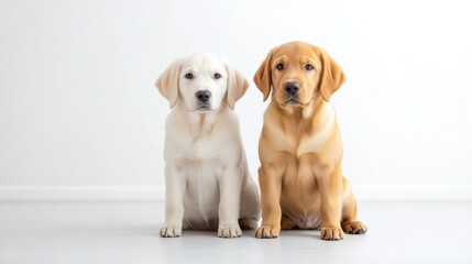 Two Labrador Puppies Studio Shot Clean Minimalist Style Bright Soft Lighting Front View Fluffy Coats Sitting Calmly White Background Neutral Warm Tones Perfect for Pet Adoption Ads
