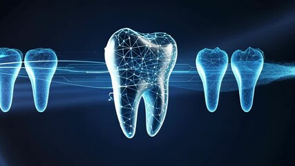 Digital blue representation of human teeth with a central glowing holographic tooth structure, showcasing dental innovation, oral technology, futuristic design, and healthcare medical visualization.