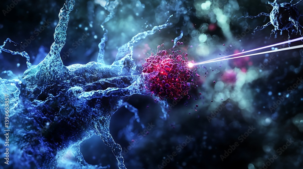 Poster close-up of a microscopic view showing a cell being targeted by a laser beam in a vibrant, abstract 