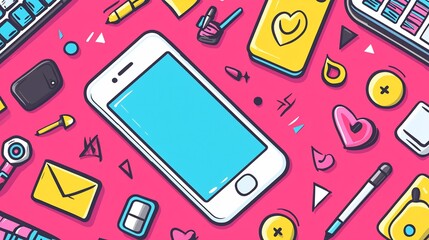 Smartphone, accessories, pink background