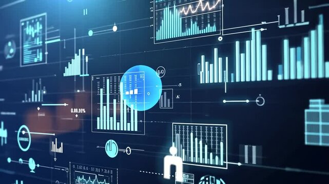 Animated financial data and charts analysis with digital technology, motion graphics, business analysis concept