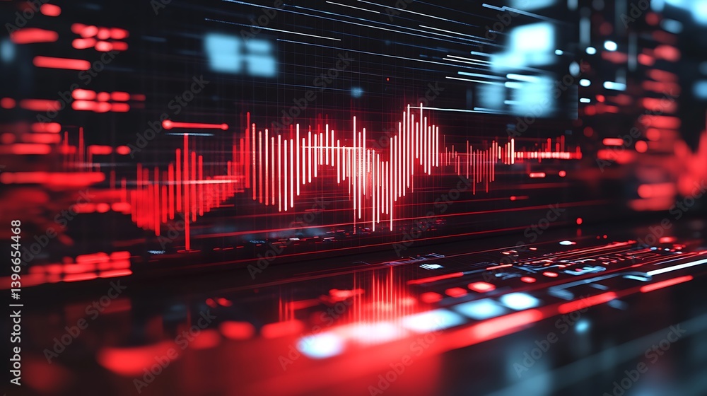Poster high-tech audio waveform visualization with vibrant red tones, showcasing sound dynamics in a digita