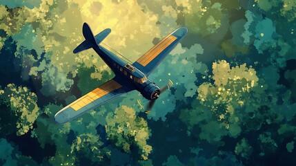 A vintage airplane flying over a lush green forest, capturing the essence of adventure and exploration