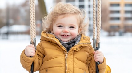 A cheerful child holding onto swing ropes in a snowy park, wearing a cozy yellow winter jacket, bright smile on a winter day, and outdoor fun concept.