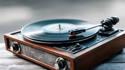vintage film style capture of old record player, showcasing its wooden design and spinning vinyl. nostalgic feel evokes memories of classic music and timeless elegance