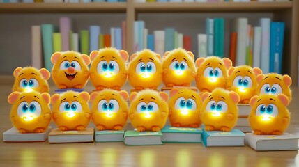 Adorable cartoon creatures standing in front of a bookshelf