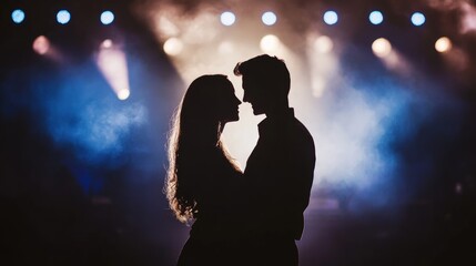 Couple captured in silhouette against the concert stage lights 
