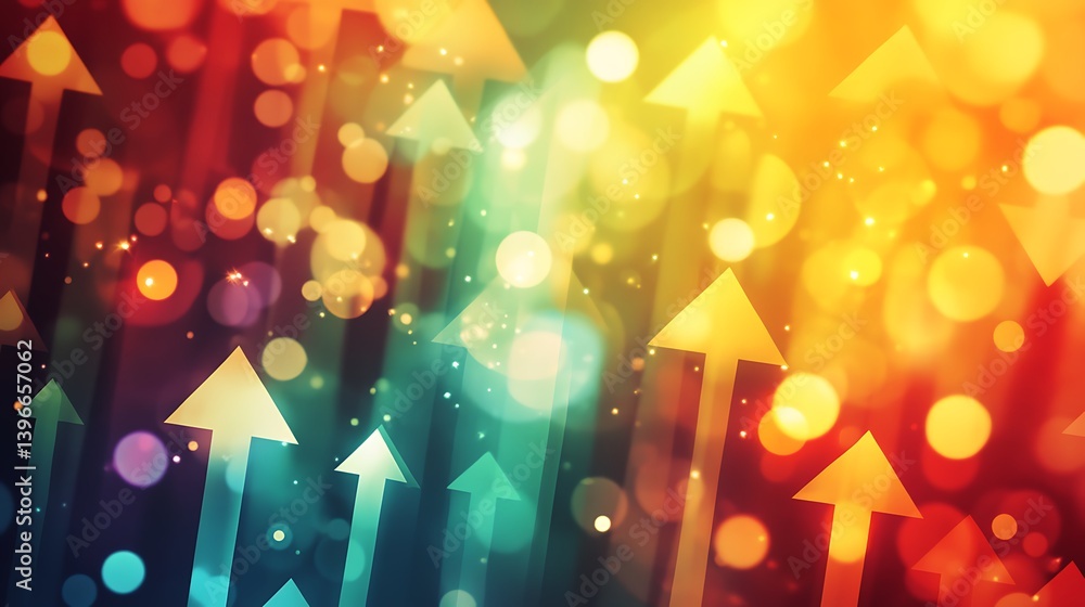 Poster colorful abstract background with upward arrows and bokeh effects, symbolizing growth and progress