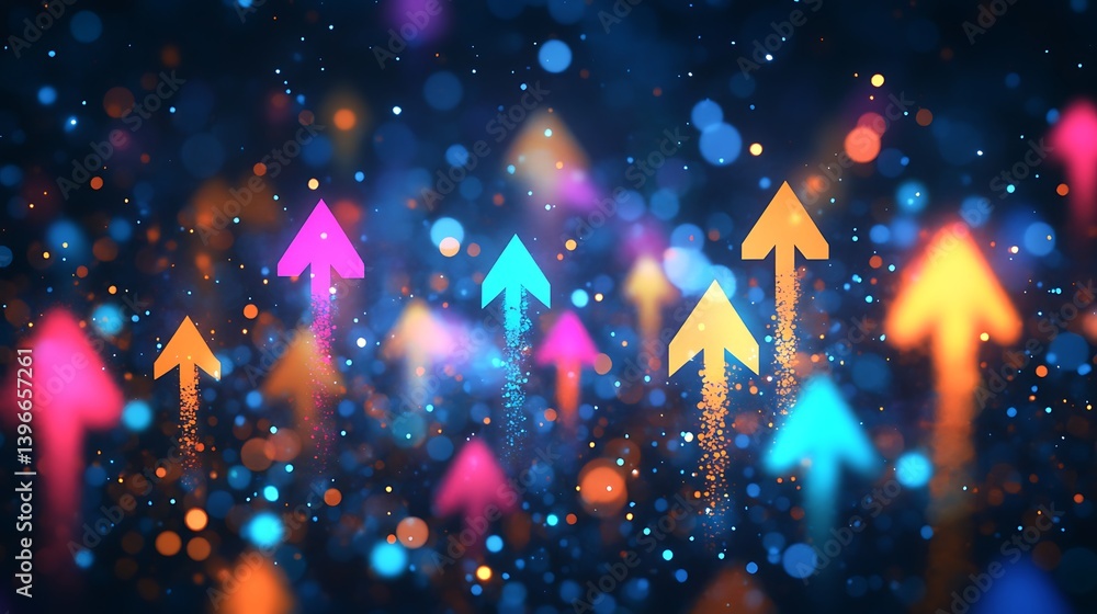 Poster vibrant abstract background with colorful arrows pointing upwards amidst a bokeh effect