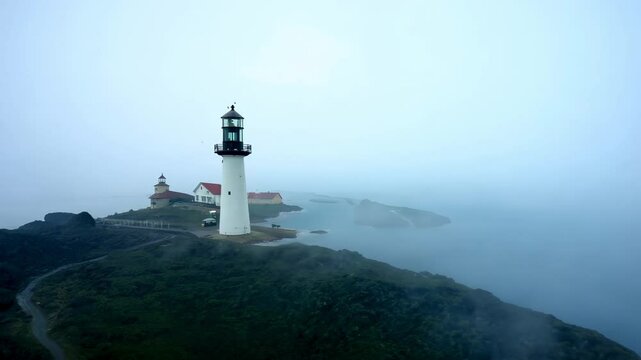 A serene lighthouse on a foggy coastline, surrounded by calm waters and distant islands.