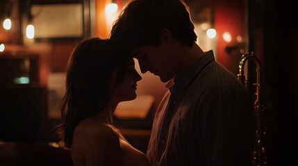 Intimate moment between two lovers at a small jazz club performance 