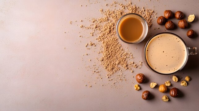 A delicious hazelnut latte with hazelnut powder and whole hazelnuts is presented in a stylish flat lay composition against a muted mauve background perfect for coffee shop menus or