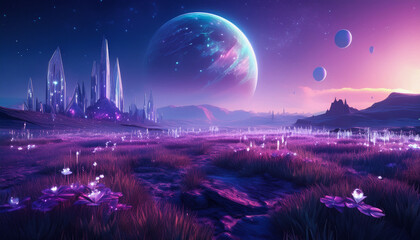 4k wallpaper of dreamy alien landscape with crystalline structure under a starry purple violet sky with giant planet in space, sci-fi fantasy concept illustration