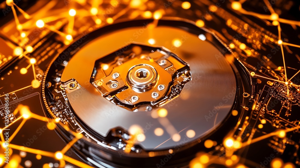 Poster close-up of a modern hard drive with intricate circuitry and glowing connections in a tech-themed ba