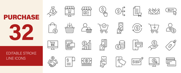 Purchase icon set. Containing pay, buy, payment, order, shop, price, spend, receipt, product, money, credit card, QR code, shopping and more. Editable line icons. Vector illustration.	